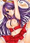  1girl arms_up asamiya_athena athena_asamiya blush breastless_clothes breasts breasts_outside female king_of_fighters long_hair looking_at_viewer mocomoco_party navel nipples purple_eyes purple_hair pussy rope solo spread_legs 
