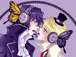  black_hair blonde_hair blush bug butterfly gilbert_nightray green_eyes hat headphones insect jpeg_artifacts magnet_(vocaloid) male_focus multiple_boys necktie oz_vessalius pandora_hearts parody short_hair vocaloid yaoi yellow_eyes 