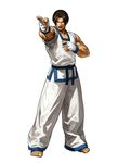 barefoot brown_eyes brown_hair fatal_fury fingerless_gloves full_body gloves kim_kaphwan male_focus official_art ogura_eisuke open_mouth pointing simple_background solo standing the_king_of_fighters the_king_of_fighters_xiii 
