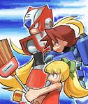  2boys arm_cannon blonde_hair blue_eyes broom brown_hair child crossover dress green_eyes hair_ribbon kin_niku long_hair multiple_boys ponytail pose ribbon robot rock_volnutt rockman rockman_(classic) rockman_dash rockman_x roll simple_background tatsunoko_vs_capcom weapon zero_(rockman) 