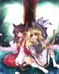  animal_ears bad_id bad_pixiv_id blonde_hair bow brown_hair cat_ears cat_tail detached_sleeves hair_bow hakurei_reimu hat kemonomimi_mode kirisame_marisa long_hair maryquant multiple_girls red_eyes short_hair tail touhou witch_hat yellow_eyes 