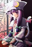  1girl animal_ears book cat_ears cat_tail hat highres kemonomimi_mode long_hair patchouli_knowledge purple_eyes purple_hair ribbon solo tail tail_ribbon touhou 