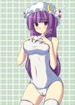  bangs blunt_bangs blush breast_suppress breasts cameltoe embarrassed hat jema large_breasts long_hair one-piece_swimsuit patchouli_knowledge purple_eyes purple_hair school_swimsuit solo sweatdrop swimsuit thighhighs touhou white_legwear white_school_swimsuit white_swimsuit 