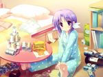  barefoot bed bedroom blush book can chips feet food game_cg hair_ribbon indoors pajamas pillow polka_dot polka_dot_pajamas potato_chips princess_party purple_eyes purple_hair ribbon shimoyama_tsubaki solo tateha_(marvelous_grace) 