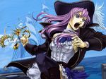  alteil blue_eyes hat jewelry kushizukino_ayame long_hair open_mouth pirate_hat purple_hair purple_leia ship skirt solo thighhighs uvula water watercraft 