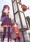  7-eleven :&lt; ahoge bird brown_eyes brown_hair bus_stop carrying cellphone child crow flying futaba_jun hair_bobbles hair_ornament highres legs litter_(vehicle) long_hair multiple_girls original pantyhose phone scarf tengu thighhighs 