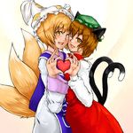  animal_ears blonde_hair brown_eyes brown_hair cat_ears cat_tail chen earrings fox_tail hands hat heart heart_hands heart_hands_duo jewelry multiple_girls multiple_tails ryou@ryou short_hair tail touhou yakumo_ran yellow_eyes 