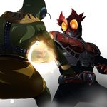  bad_id bad_pixiv_id battle belt denji glowing glowing_eyes kamen_rider kamen_rider_agito kamen_rider_agito_(series) male_focus monster punching solo 
