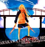 arakawa_under_the_bridge blonde_hair bridge fish hosoime jacket knife long_hair mouth_hold nino_(arakawa) shorts solo track_jacket 