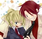  1girl blonde_hair cousins formal koougi necktie one_eye_closed ponytail red_hair suit umineko_no_naku_koro_ni ushiromiya_battler ushiromiya_jessica 