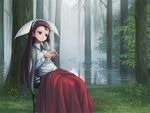  blanket brown_eyes brown_hair chair chihaya_72 cup fog forest grass hairband idolmaster idolmaster_(classic) long_hair minase_iori nature scenery sitting solo steam teacup water 