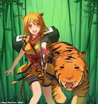  2010 :d =_= animal_ears bag bamboo bamboo_forest blonde_hair blush fangs food forest meat nature new_year open_mouth orange_eyes orange_hair original short_hair smile solo sword tail tiger tiger_ears tiger_tail weapon yellow_eyes zenn 