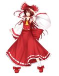  absurdres armpits bad_id bad_pixiv_id bell bow detached_sleeves full_body hair_bow hakurei_reimu highres long_hair niboss red_eyes red_hair ribbon salute solo touhou transparent_background 
