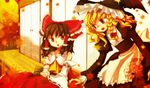  bad_id bad_pixiv_id blonde_hair bow braid brown_hair detached_sleeves hair_bow hakurei_reimu hanui hat kirisame_marisa leaf maple_leaf multiple_girls touhou witch_hat yellow_eyes 