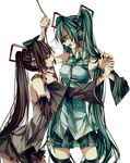  aqua_hair black_hair blood brown_eyes brown_hair detached_sleeves dual_persona green_eyes green_hair hatsune_miku headphones highres long_hair multiple_girls necktie noose rope shinitagari_(vocaloid) skirt tears thighhighs tsukioka_tsukiho twintails very_long_hair vocaloid 