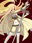  1girl blonde_hair cape celes_chere detached_sleeves female final_fantasy final_fantasy_vi flower_petals long_hair midriff navel petals red_eyes shorts solo sword weapon 