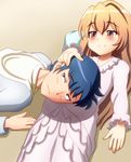  1girl aisaka_taiga blue_hair brown_eyes brown_hair chunpai couple good_end head_on_another's_stomach hetero hood hoodie long_hair lying nightgown pregnant takasu_ryuuji toradora! 