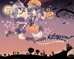  animal_ears antenna_hair aruruw black_wings blue_eyes bow breasts brown_eyes brown_hair candy cleavage food halloween happy_halloween hat kage_no_utage kamyu medium_breasts midriff multiple_girls pointy_shoes shoes silver_hair striped striped_legwear tail thighhighs utawareru_mono wallpaper wand watermark web_address wings 