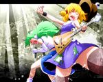  aono3 band blonde_hair eyes frog gloves green_hair guitar hair_ornament hat instrument kochiya_sanae long_hair microphone moriya_suwako multiple_girls music panties short_hair singing thighhighs touhou underwear upskirt 