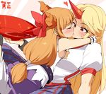  alcohol ario blonde_hair blush cup horn horns hoshiguma_yuugi ibuki_suika kiss long_hair multiple_girls oni orange_hair red_eyes sakazuki sake surprise_kiss surprised touhou yuri 