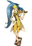  .hack//g.u. .hack//link 1boy androgynous blue_hair brown_eyes facial_mark gun gunblade headband kuhn_(.hack//) long_hair male_focus official_art sandals shorts solo sword very_long_hair weapon wristband 