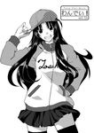  baseball_cap black_hair clothes_writing fate/stay_night fate_(series) fue_(rhomphair) greyscale grin hand_in_pocket hat jacket long_hair monochrome skirt smile solo thighhighs toosaka_rin track_jacket tsurime zettai_ryouiki 
