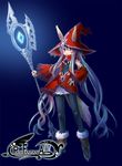  animal_ears boots detached_sleeves ears_through_headwear flat_chest fujimon hand_on_hip hat highres long_hair pixiv_fantasia pixiv_fantasia_4 purple_eyes purple_hair solo staff tail very_long_hair witch_hat zipper 