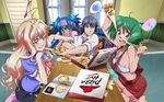  3girls :q ahoge artist_request blonde_hair blue_eyes blue_hair blush cheese_trail child eating food green_hair halter_top halterneck highres holding_pizza klan_klein kneeling macross macross_frontier meltrandi multiple_girls musical_note official_art open_mouth overalls pizza pizza_box pizza_hut pointy_ears product_placement ranka_lee saotome_alto scan seiza sheryl_nome sitting spoken_squiggle spoken_sweatdrop squiggle sweatdrop table tears tongue tongue_out wallpaper zentradi 