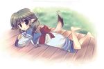  ainu_clothes animal_ears aruruw barefoot brown_eyes bug butterfly dog_ears feet grass insect kage_no_utage long_hair lying solo tail utawareru_mono 