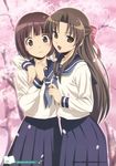  absurdres bob_cut brown_eyes brown_hair cherry_blossoms highres koutaro long_hair multiple_girls ogasawara_akiko petals school_uniform serafuku short_hair suzukawa_koume taishou_yakyuu_musume 