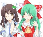  black_hair closed_eyes cosplay costume_switch frog green_hair hair_ornament hair_tubes hakurei_reimu hakurei_reimu_(cosplay) kochiya_sanae kochiya_sanae_(cosplay) machiko_(beard) multiple_girls one_eye_closed ribbon snake touhou translation_request 