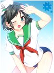  adaajt black_hair green_eyes hat highres murasa_minamitsu one_eye_closed sailor sailor_hat short_hair solo swimsuit swimsuit_under_clothes touhou 