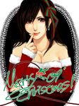  1girl bare_shoulders brown_hair christmas detached_sleeves earrings female final_fantasy final_fantasy_vii hair_ornament jewelry long_hair red_eyes ribbon santa_costume solo tifa_lockhart 