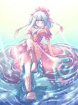  boots dress frills front_ponytail green_eyes green_hair hair_ribbon highres kagiyama_hina kibushi ribbon short_hair solo touhou water 