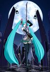  absurdres aqua_eyes aqua_hair detached_sleeves full_moon guitar hatsune_miku highres instrument legs long_hair merusen@aki moon skirt solo speaker thighhighs twintails very_long_hair vocaloid 