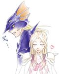  &lt;3 1boy 1girl apology_(artist) armor blonde_hair bridal_gauntlets cain_highwind cape closed_eyes eyes_closed female final_fantasy final_fantasy_iv hair_ornament heart helmet long_hair lowres male rosa_farrell shoulder_pads simple_background 