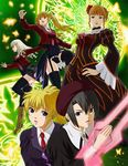  4girls asmodeus beatrice beret black_hair blonde_hair bow bug butterfly dress hair_ornament hat insect kanon_(umineko) man_dam multiple_girls necktie pink_bow pink_neckwear ponytail satan stakes_of_purgatory thighhighs twintails umineko_no_naku_koro_ni ushiromiya_jessica 