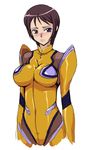  blush bodysuit breasts brown_hair chiba_nagisa code_geass impossible_clothes impossible_shirt large_breasts muimui shirt short_hair solo yellow_bodysuit 