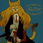  :&lt; alternate_eye_color animal_ears bad_id bad_pixiv_id blue_eyes book brown_hair cat_ears cat_tail character_name furry harry_potter hermione_granger l_hakase long_hair necktie paws school_uniform simple_background solo tail v-neck wavy_hair 