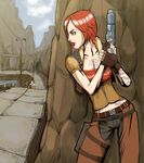  bag belt borderlands chaps day fingerless_gloves gloves gun hiding highres jacket lilith_(borderlands) lipstick makeup mountain red_hair redhead road satchel scenery short_hair smile tattoo weapon 