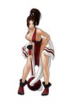  bent_over black_eyes black_hair breasts cleavage closed_fan dress duplicate fan fatal_fury folding_fan hair_ribbon japanese_clothes jpeg_artifacts large_breasts legs lipstick loincloth long_hair makeup no_bra official_art ogura_eisuke pelvic_curtain ponytail ribbon shiranui_mai sideboob simple_background smile solo standing the_king_of_fighters the_king_of_fighters_xiii 
