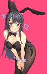  :p absurdres animal_ears bangs black_bow black_hair black_hairband black_legwear black_leotard blush bow bowtie breasts bunny_ears bunnysuit cleavage detached_collar eyebrows_visible_through_hair fake_animal_ears hairband hands_on_own_thighs heart highres icarus_(632247131) large_breasts leaning_forward leotard long_hair looking_at_viewer pantyhose purple_eyes red_background sakurajima_mai seishun_buta_yarou smile solo strapless strapless_leotard swept_bangs tongue tongue_out wrist_cuffs 