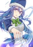 absurdres blue_eyes blue_hair blue_hat bow bowtie coat fairy_tail floating_hair fur-trimmed_hat fur_trim green_bow green_neckwear gu_li hair_between_eyes hat head_tilt highres juvia_lockser long_hair looking_at_viewer open_mouth shiny shiny_hair solo standing upper_body white_background 