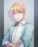  1boy bangs blonde_hair blue_eyes blue_jacket character_request collared_shirt commentary_request dress_shirt eyebrows_visible_through_hair hair_between_eyes highres jacket looking_at_viewer mahjong_soul male_focus momoirone open_clothes open_jacket parted_lips shirt smile solo upper_body white_shirt 