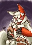 anthro balls claws dirtyshark erection fur hindpaw male markings masturbation mongoose nintendo open_mouth orgasm pawpads paws penis pok&#233;mon pokemon red_eyes red_markings sitting solo thedirtyshark tongue tongue_out video_games zangoose 