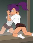  anus butt clothing cyclops female freako freckles futurama hair human looking_at_viewer looking_back mammal mirror not_furry ponytail presenting purple_hair pussy reflection skirt socks solo spreading turanga_leela unknown_artist 