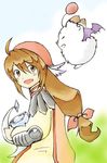  androgynous brown_eyes brown_hair clavat final_fantasy final_fantasy_crystal_chronicles happy moogle outdoors shield smile 