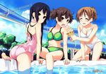  :d :o all_fours ass bare_shoulders barefoot bikini black_hair blue_sky blush breasts brown_eyes casual_one-piece_swimsuit cleavage closed_eyes cloud day english feeding food green_bikini hino_minato_(spec.c) hirasawa_ui ice_cream k-on! kneeling looking_at_viewer looking_back medium_breasts multiple_girls nakano_azusa navel one-piece_swimsuit open_mouth outdoors pink_swimsuit ponytail pool poolside red_eyes short_twintails sitting sky smile soaking_feet soft_serve suzuki_jun swimsuit twintails water water_slide waterpark wet white_bikini 