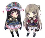  atelier_(series) atelier_meruru atelier_totori black_hair blue_sleeves blush boots brown_hair chibi cosplay costume_switch detached_sleeves dress hands_on_hips hat heart knee_boots long_hair maromi_(am97) mimi_houllier_von_schwarzlang mimi_houllier_von_schwarzlang_(cosplay) multiple_girls open_mouth purple_eyes simple_background standing totooria_helmold totooria_helmold_(cosplay) very_long_hair wavy_mouth 