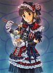  black_eyes bowl brown_hair copyright_request dress food frilled_dress frills gloves gothic_lolita hairband lolita_fashion nattou pizza_man solo 